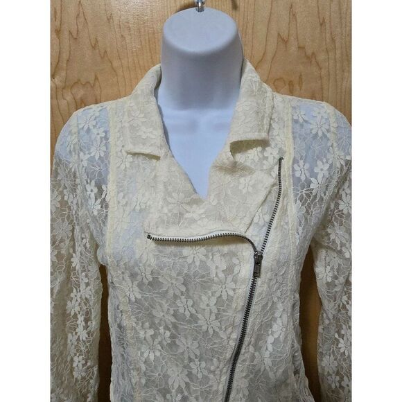 Floral Lace Cream Sheer Moto Jacket With Asymmetrical Zipper jr size M 10/12 - Picture 5 of 13